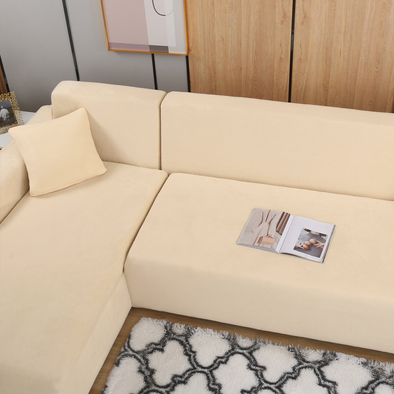 SHANNA Sectional Sofa Slipcovers Thick Velvet L Shape Couch Covers, 2Pcs Stretch Anti-Slip Sofa Covers 3 Seater + 3 Seaters Chaise Cover Furniture Protector,Beige