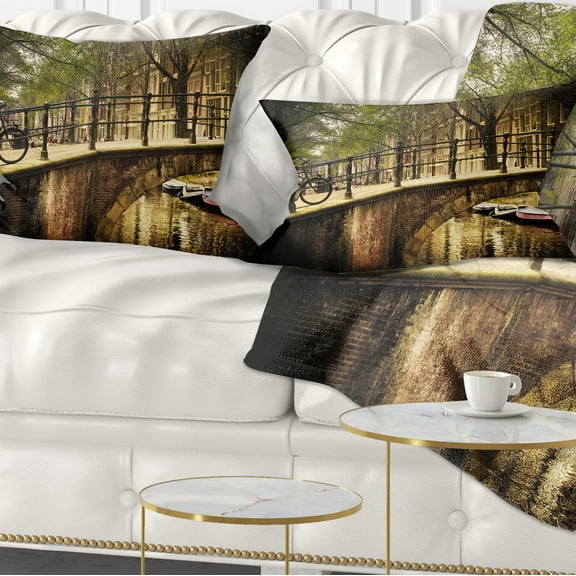 Designart Romantic Bridge Over Canal - Landscape Photography Throw Pillow - 12x20
