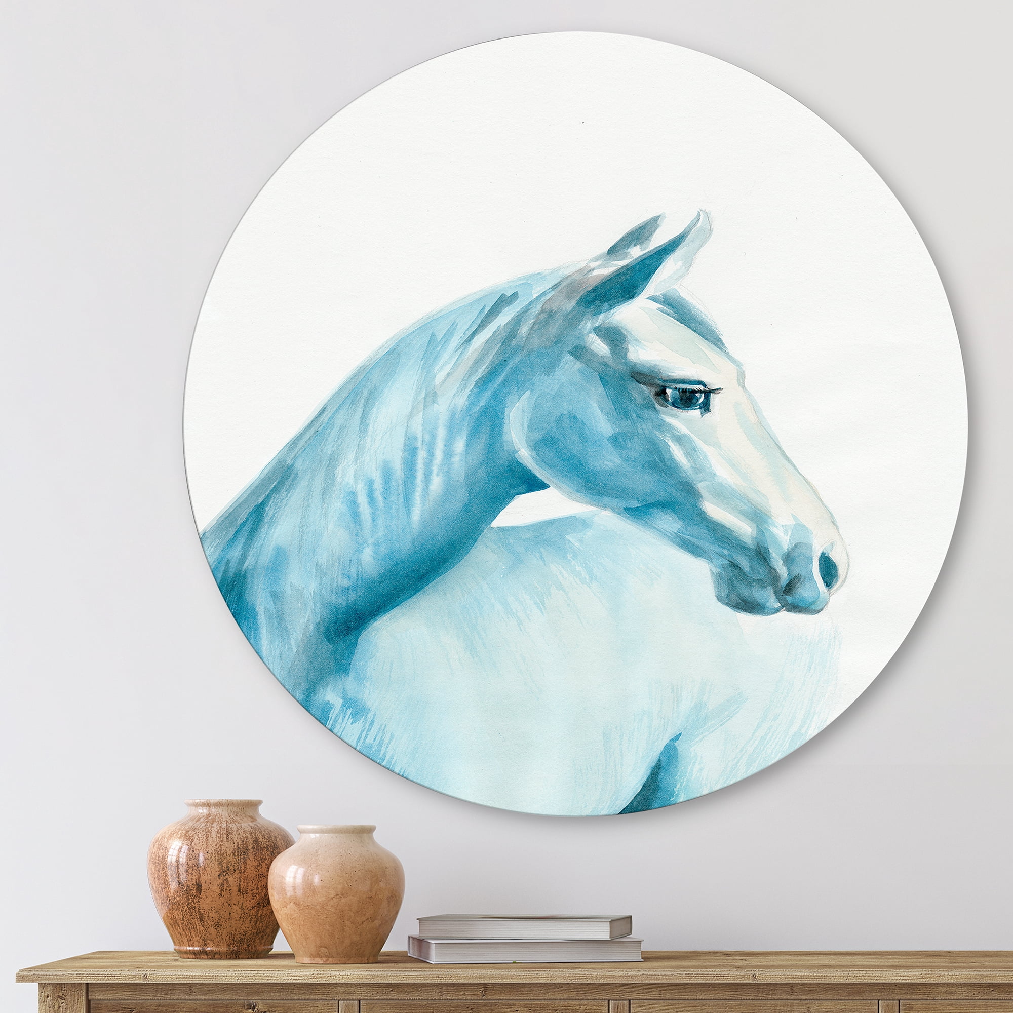 Designart 'Close Up Portrait Of A Light Blue Horse' Farmhouse Circle Metal Wall Art 23x23 - Disc of 23