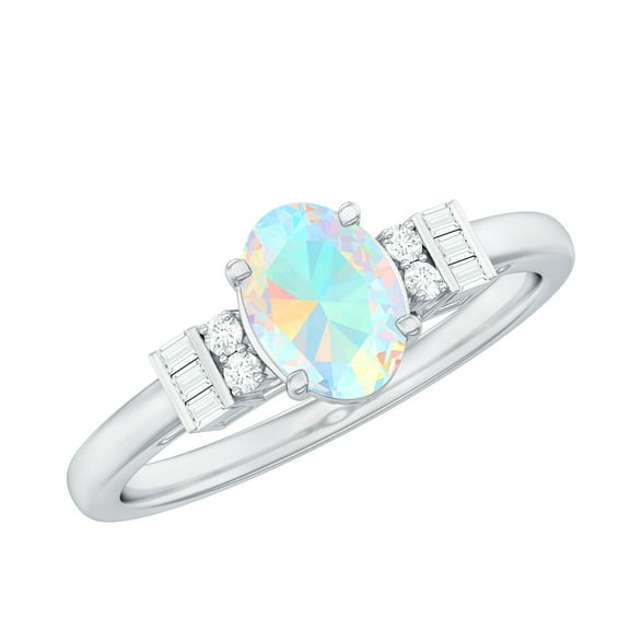 Rosec Jewels Ethiopian Opal Engagement Ring for Women - Natural Opal Diamond Ring - 5X7 mm Oval - AAA Quality, 925 Sterling Silver, US 4.00