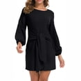 thumbnail image 1 of Vestido corto con manga larga y farol, color puro, cuello redondo, cintura con lazo, vestido de cóctel para citas, color negro, XL, 1 of 6