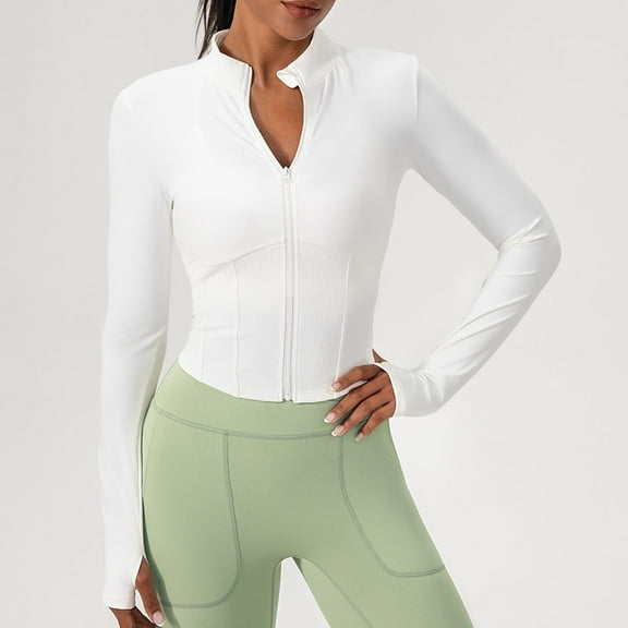 CQONEPT Womens Long Sleeve Blouse Quick Dry Zip Tops with Thumb Holes Compression Crewneck Workouts Shirts White L