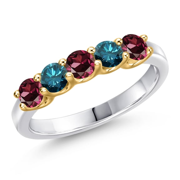 Gem Stone King 10K Two Tone Gold Red Rhodolite Garnet and Blue Diamond Wedding-Bands Ring for Women | 0.96 Cttw | Round 3.5MM | Gemstone January Birthstone | Size 8