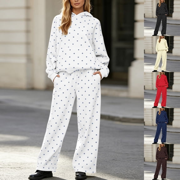 Women Polka Dot Hooded Sweatshirt 2 Piece Outfit, Long Sleeve Pullover Hoodie and Wide Leg Pants Matching Tracksuit Casual Loungewear for Fall Winter