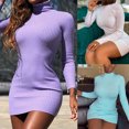 thumbnail image 4 of Women Autumn Long Sleeve Turtleneck Bodycon Mini Sweater Dress Solid Color Ribbed Knitted Striped Sexy Package Hip Basic Party Clubwear, 4 of 20