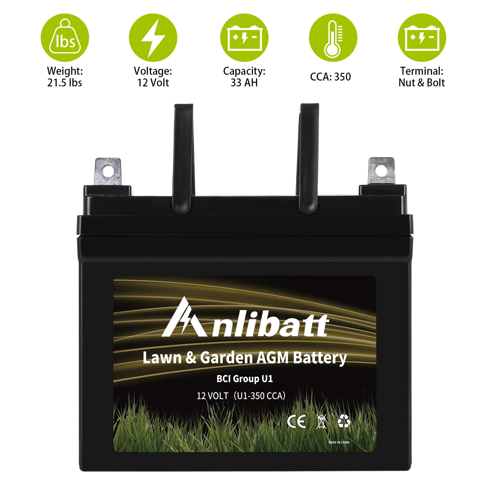 Anlibatt Lawn and Garden AGM Battery, Group Size U1 12 Volt, 350 CCA 33 Amp, Top Post for Lawn Mower/Tractor