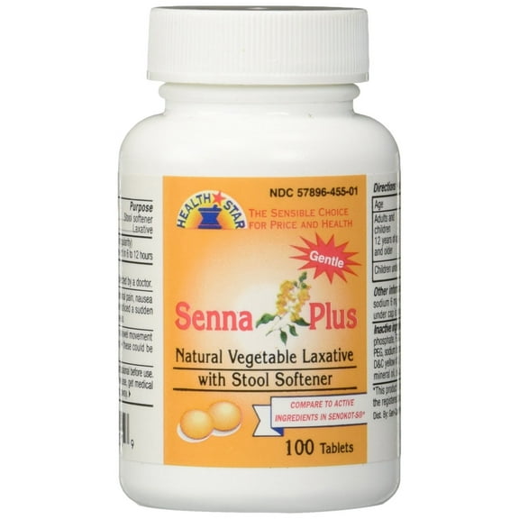Health Star Senna Plus Natural Vegetable Stool Softener Laxative Tablets, 100 Count