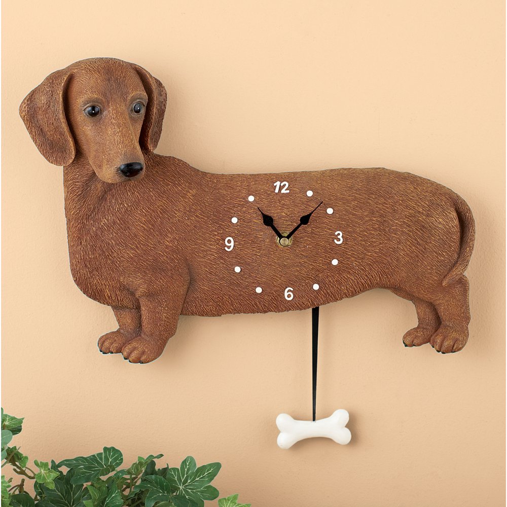 Brown Dachshund Wall Clock with Bone-Shaped Pendulum, Hand-Painted Gift