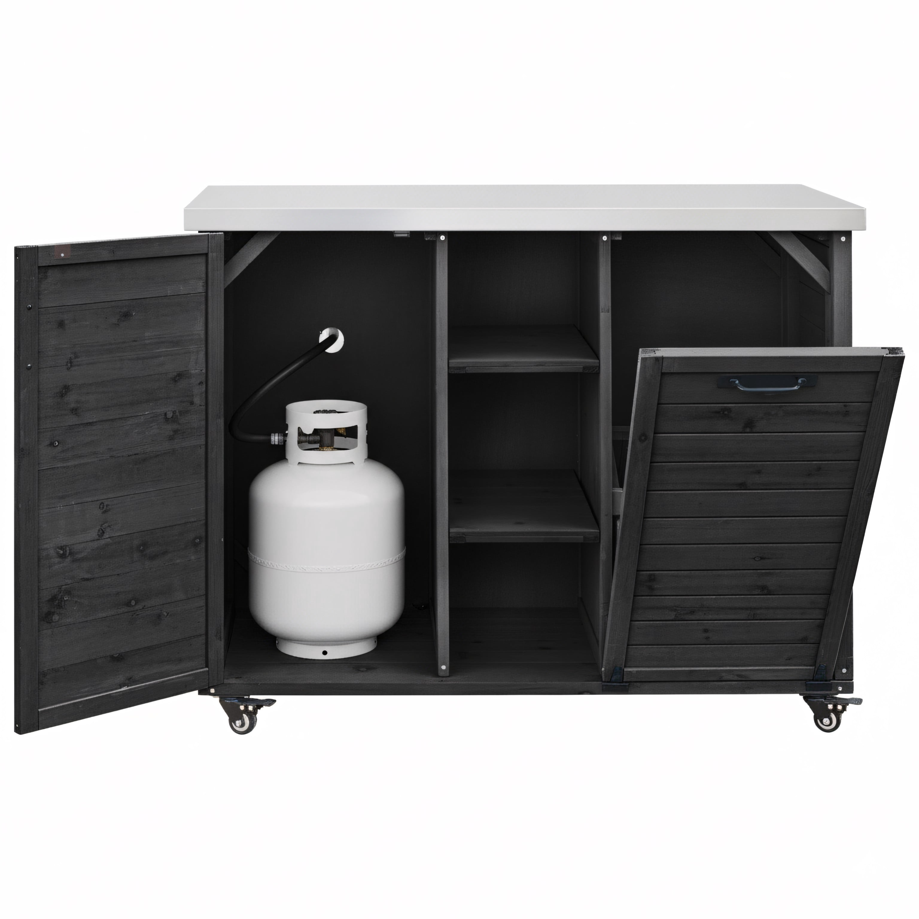 Euroco 78.3" Outdoor Kitchen Island with Foldable Grill Table, Wooden Outdoor Grill Cart with Trash Can Storage & Stainless Steel Top, Outdoor Bar Cart, Pizza Oven Table