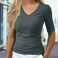 thumbnail image 2 of Sanbonepd V Neck T Shirts for Women Short Sleeve Boat Ruched Side Slim Fit Basic Casual T Shirts Summer Tee Tops Plain T Shirt Dark Gray, 2 of 9