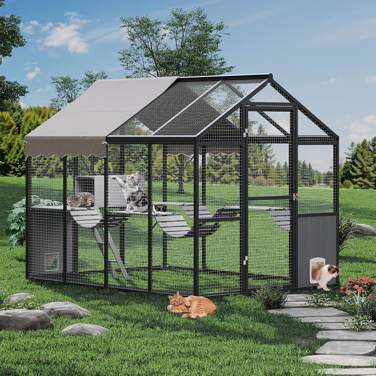 Aluminum Walk-In Large Outdoor Cat Enclosure,Large Outdoor Catio for Multiple Cats,Outside Cattery with Weatherproof Roof with Channels,Side Door,UV Proof Cover,Huge Condo,Platform(ship in 2 boxes)
