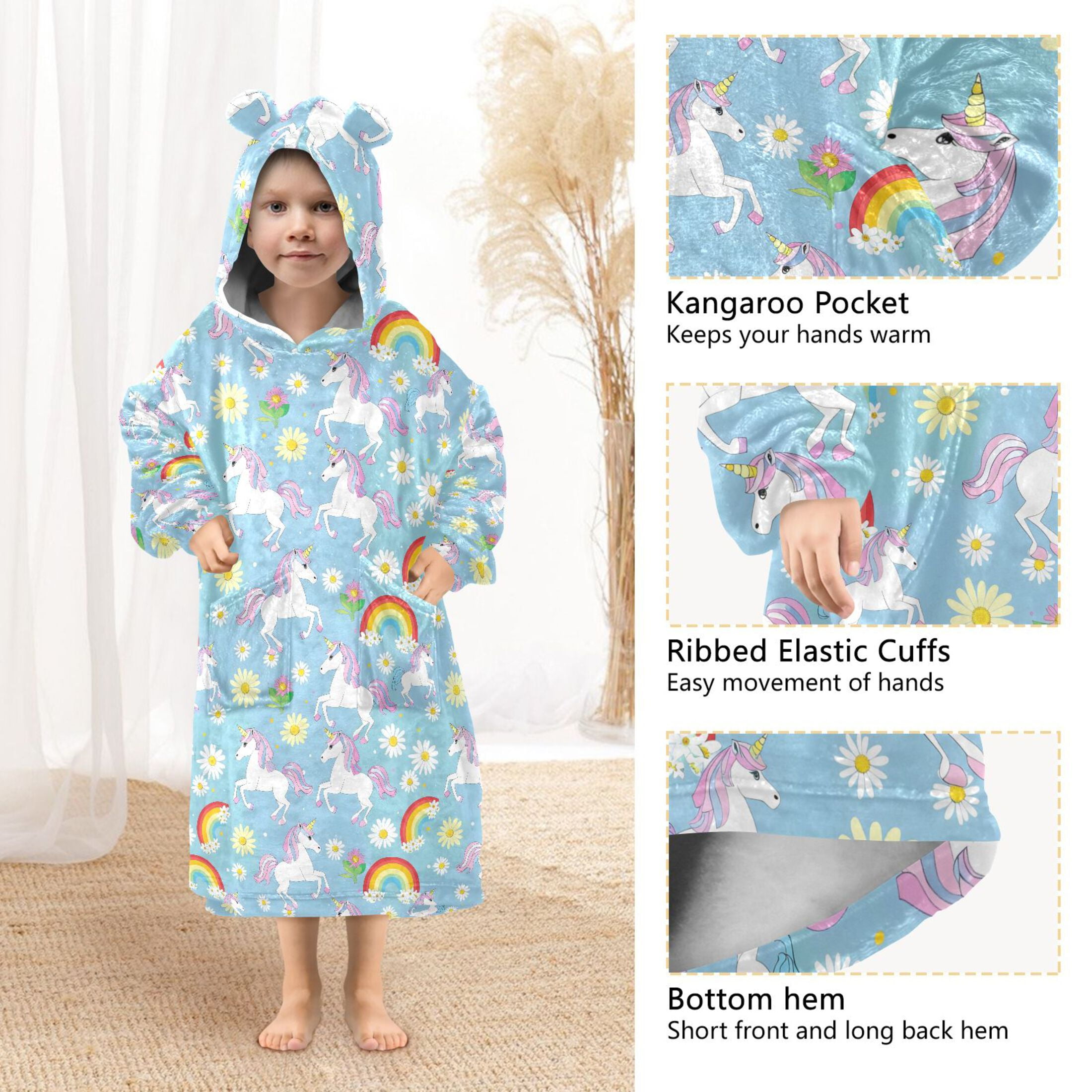 Wearable Blanket Hoodie for Kids Rainbow White Unicorn Flower Flannel Hooded Blanket with Pockets and Sleeves Suitable for Boys and Girls