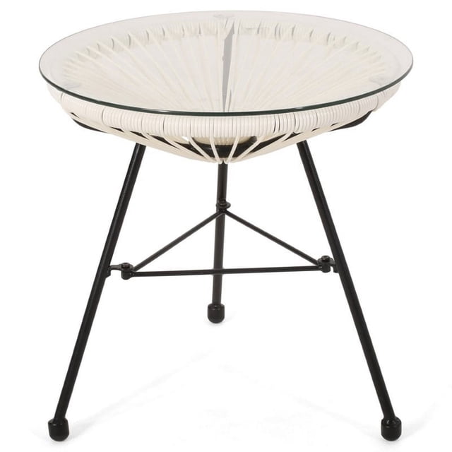 Noble House Nusa Outdoor Tempered Glass Top Faux Rattan Side Table in White