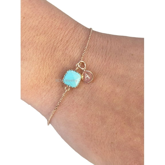 14K Rose Gold Overlay Solid Sterling Silver A Initial Charm Bracelet For Women, Men & Girl, Turquoise Bracelet Jewelry