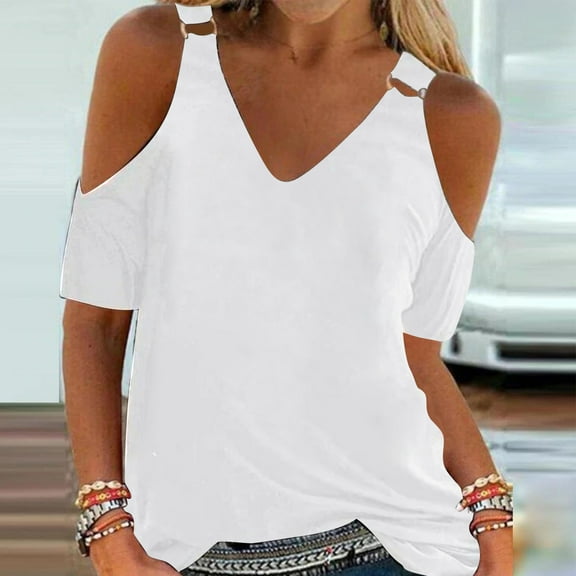 Womens Summer Tops Casual Shirt Summer Off Shoulder Top V Neck Blouse Solid Color Short Sleeve T Womens Tops Dressy Casual