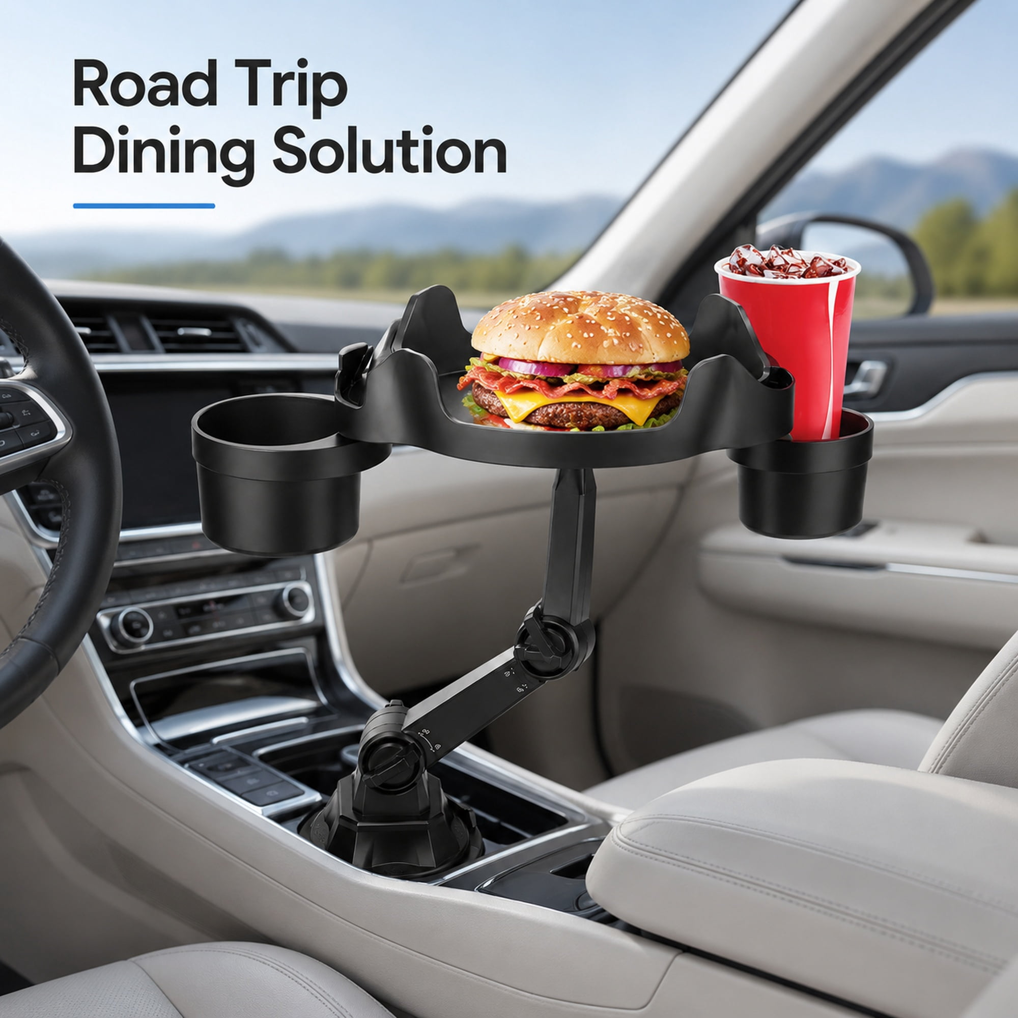 Black Adjustable Car Cup Holder Tray – Food and Drink Organizer with Dual Cup Holders, Snack Surface, and Swivel Arm