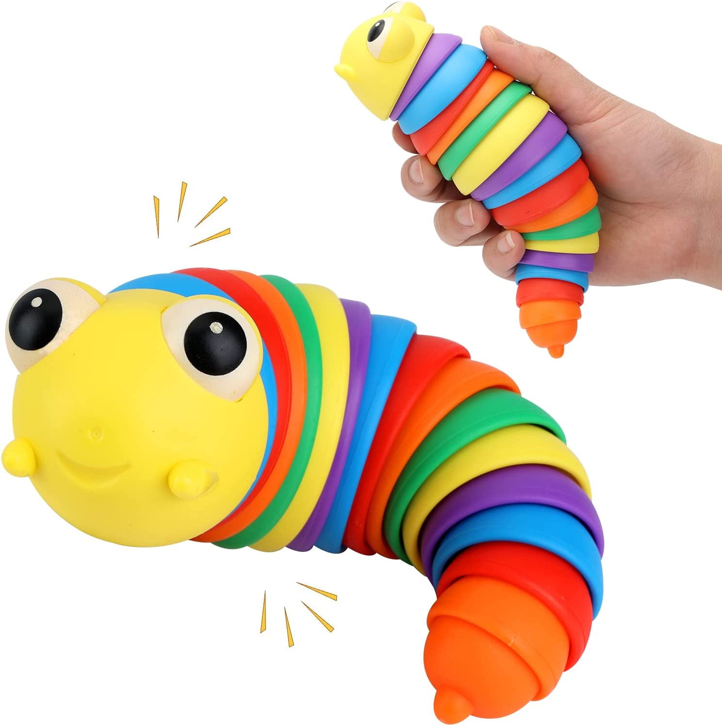 Fidget Slug for Relaxing, 3D Printed Articulated Rainbow Big Eyes  Caterpillar for Children & Adults, Desk Toys (3 Yellow-Head) 