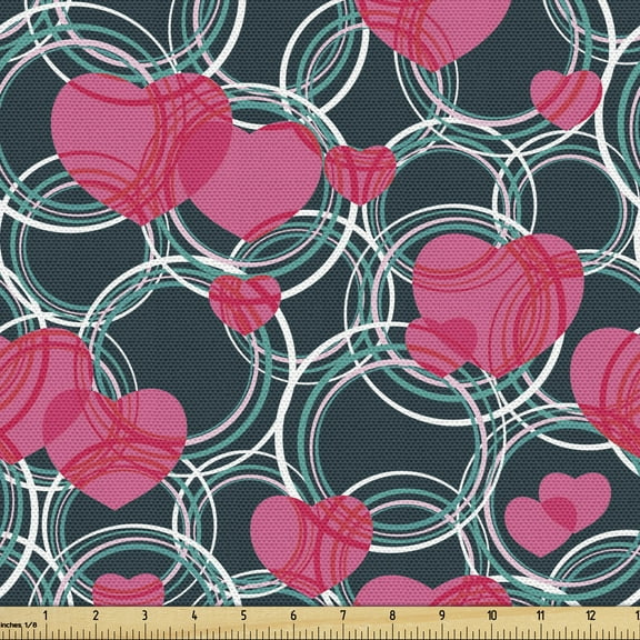 Ambesonne Hearts Fabric by the Yard Upholstery, Funky Intertwined Circles, 10 Yards, Pink Dark Teal