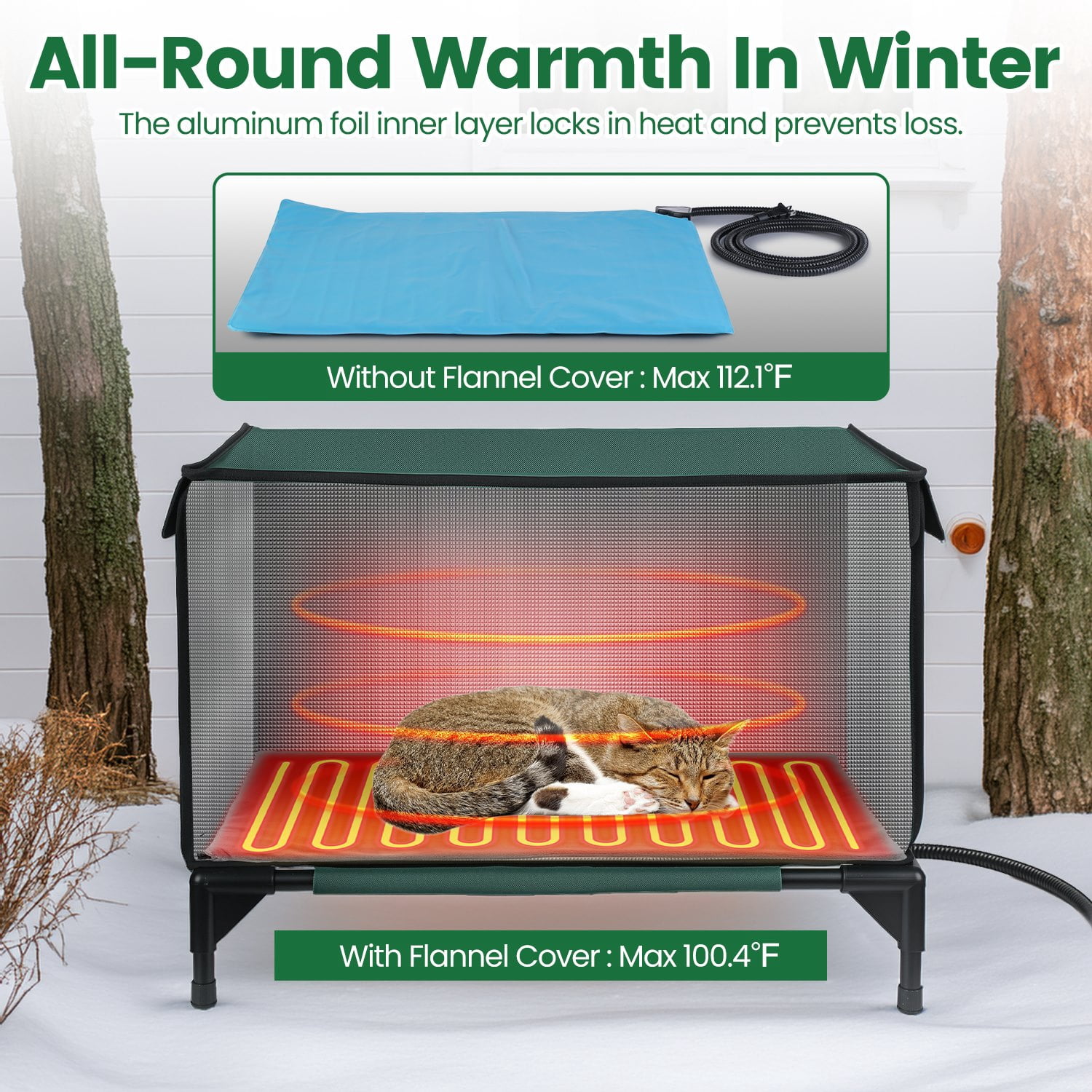 Waterproof Heated Cat House Outdoor Weatherproof Insulated Kitty Shelter with Heating Pad Anti-Chew Cord 2 Doors 3 Windows for Indoors Outdoors Winter Summer
