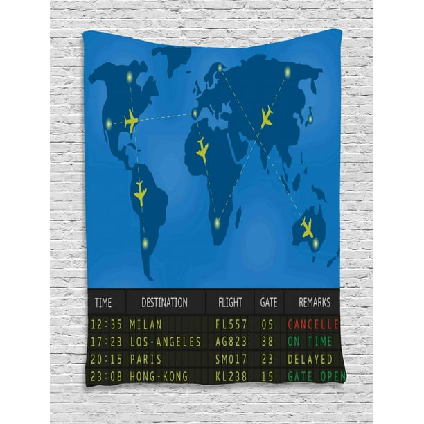 Airport Tapestry Departure Board Graphic With World Map And Plane Traces Scheme Print Wall Hanging For Bedroom Living Room Dorm Decor Azure Blue And Multicolor By Ambesonne Walmart Com Walmart Com walmart com