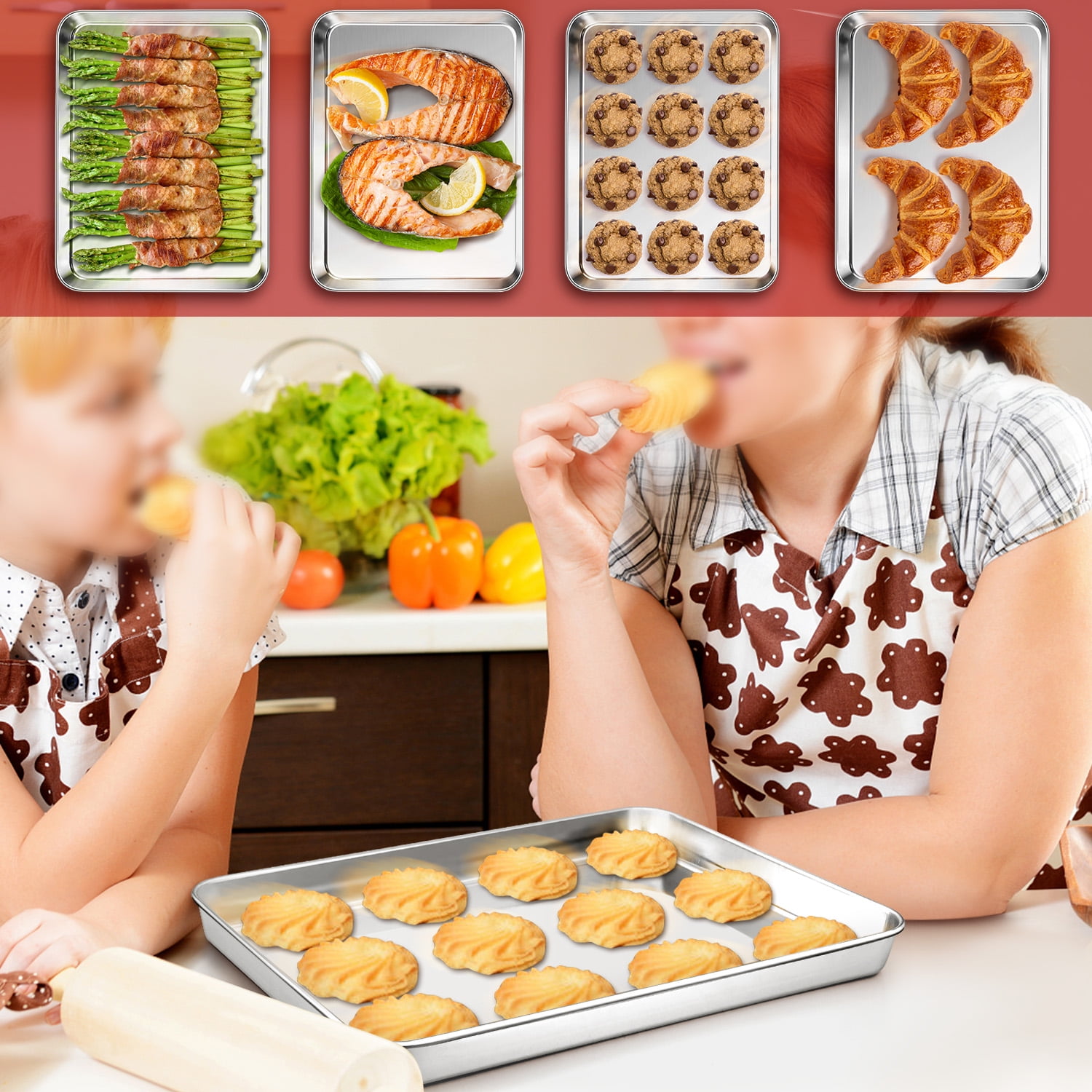 P&P CHEF Baking Cookie Sheet Set of 2, Stainless Steel Baking Sheets Pan  Oven Tray, Rectangle 16”x12”x1”, Non Toxic & Durable Use, Mirror Finished 