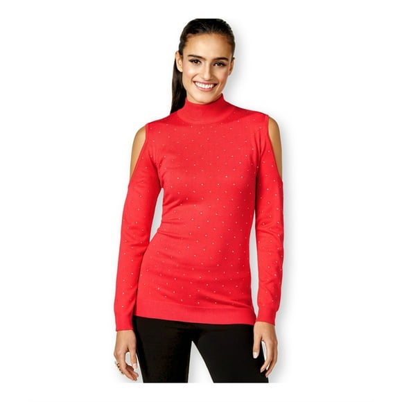 Thalia Sodi Womens Studded Cold Shoulder Pullover Sweater, Pink, Medium