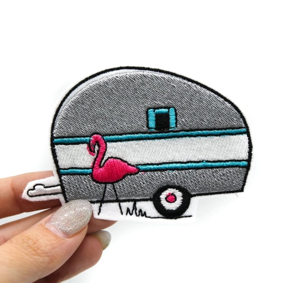 Flamingo and Retro Camper Iron On Embroidered Patch