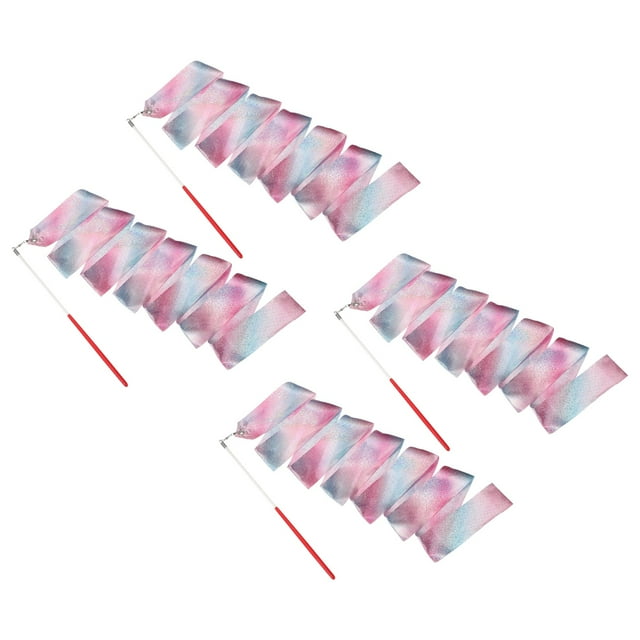 Uxcell 4 Pcs Dance Ribbons, 78.7 Inch Sparkly Gymnastics Ribbon Streamers with Red Wand for Gymnastics Artistic, Pink