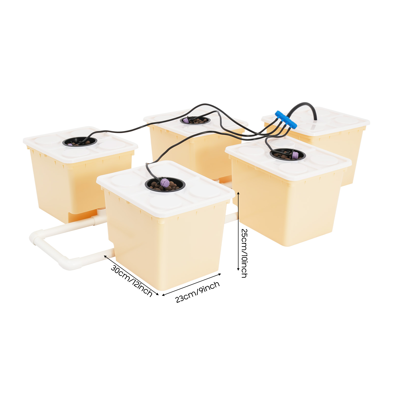 5 Bucket DWC Hydroponic Growing System, PP&UV Material Indoor Outdoor Drip Irrigation Kit with 11L Capacity Per Bucket, Complete Accessories Included for Vegetables Herbs Flowers