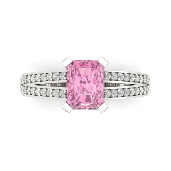 2.35 ct Emerald Cut Simulated Pink Diamond Solitaire with Accents Engagement Ring for Women in 14K White Gold