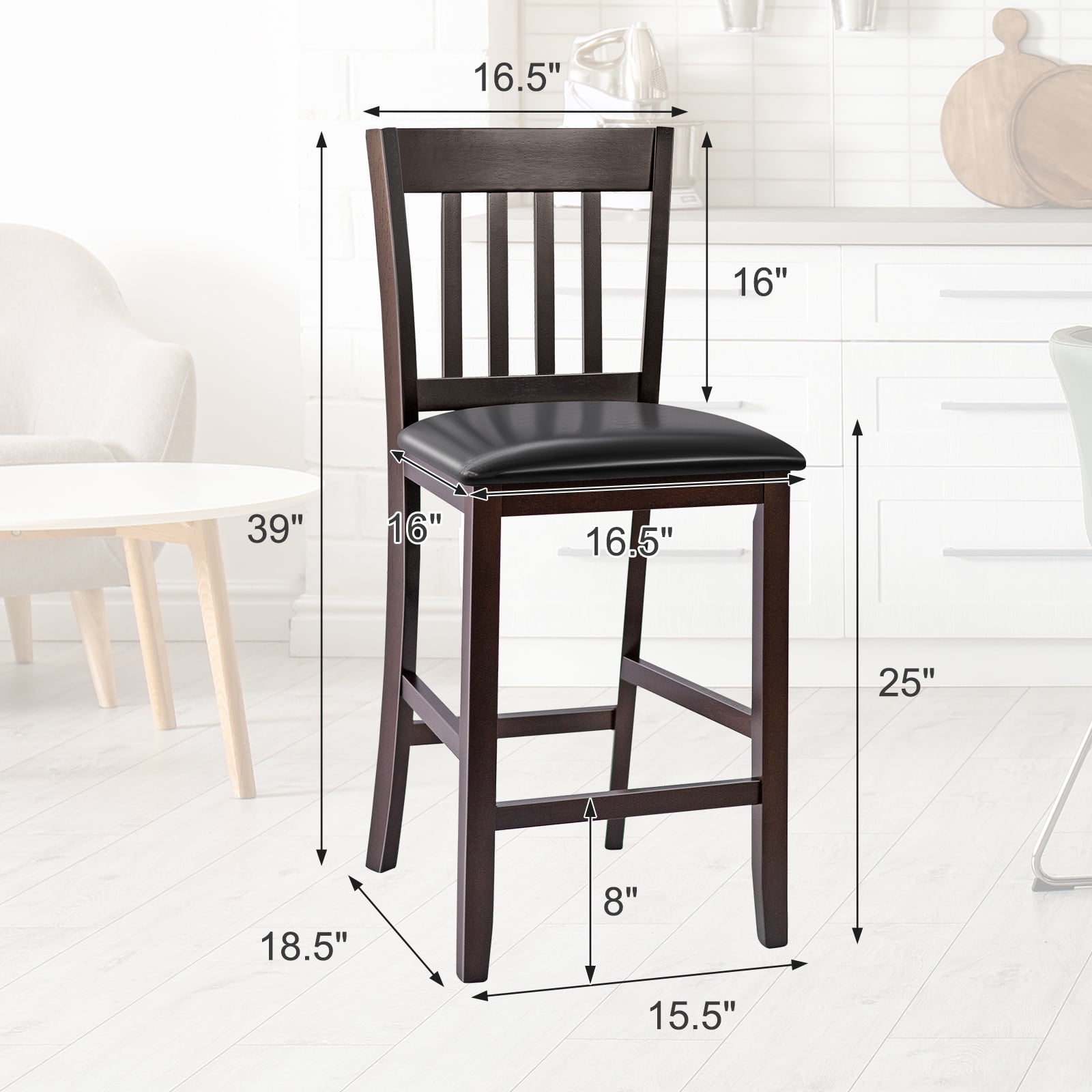 Topbuy Set of 2 Bar Stools Counter Height Pub Chairs w/ PU Leather Seat&Rubber Wood Legs