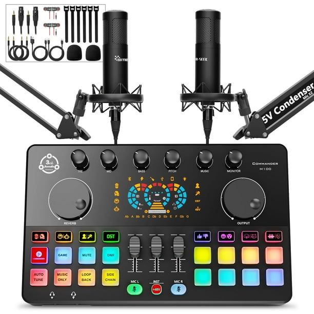 Paquete de equipo de podcast para 2 personas, interfaz de audio con micrófono de condensador, cambio de voz, RGB, mezclador de DJ para streaming, grabación de podcasts COMMANDER M100 3rd