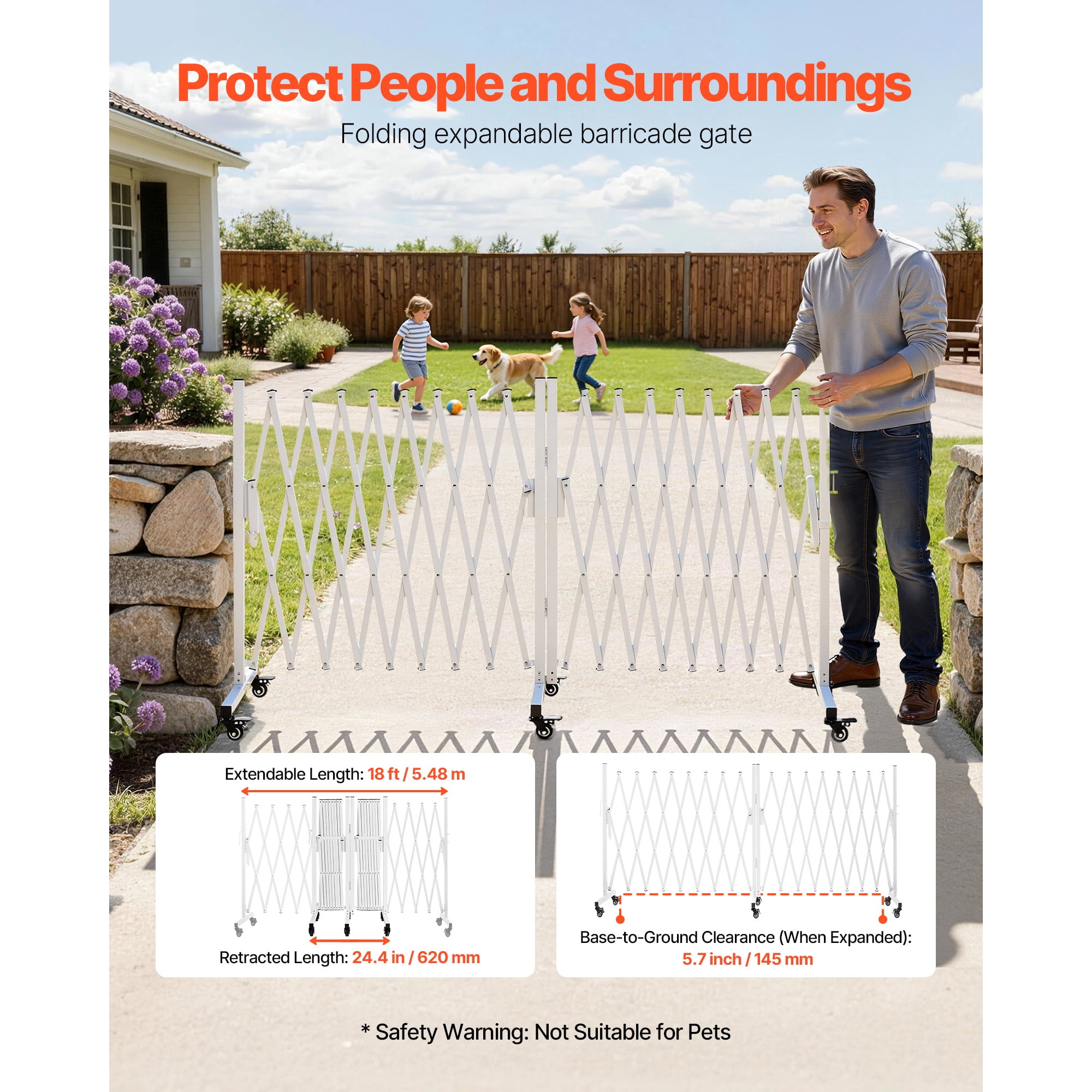 KFFKFF Double Expandable Barricades, 18FT Adjustable Safety Barrier, 0-180° Rotating Mobile Gate with Locking Wheels, Portable Folding Security Fence for Outdoor, Stairways