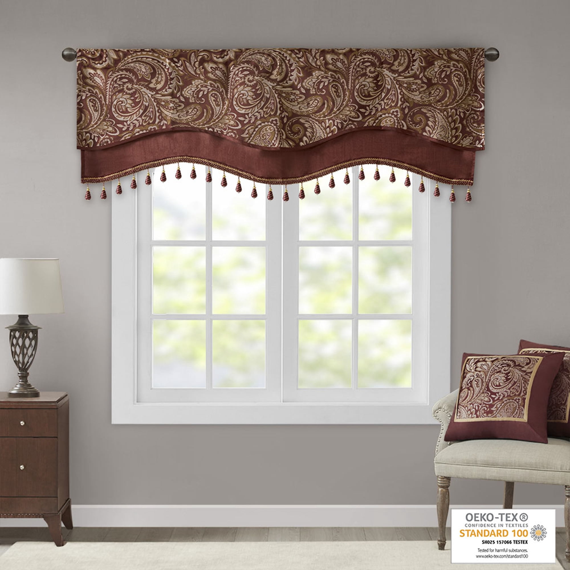 MAYEERTY 50x18" Jacquard Rod Pocket Valance With Beads Burgundy