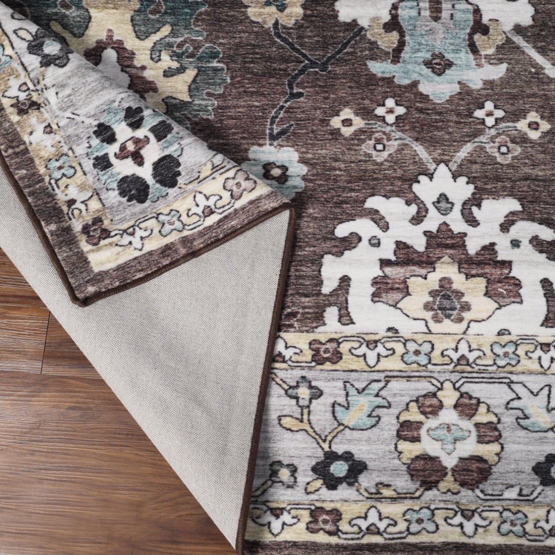 Superior Nuka Classic Floral Washable Indoor Area Rug, 10' x 14', Brown/ Grey