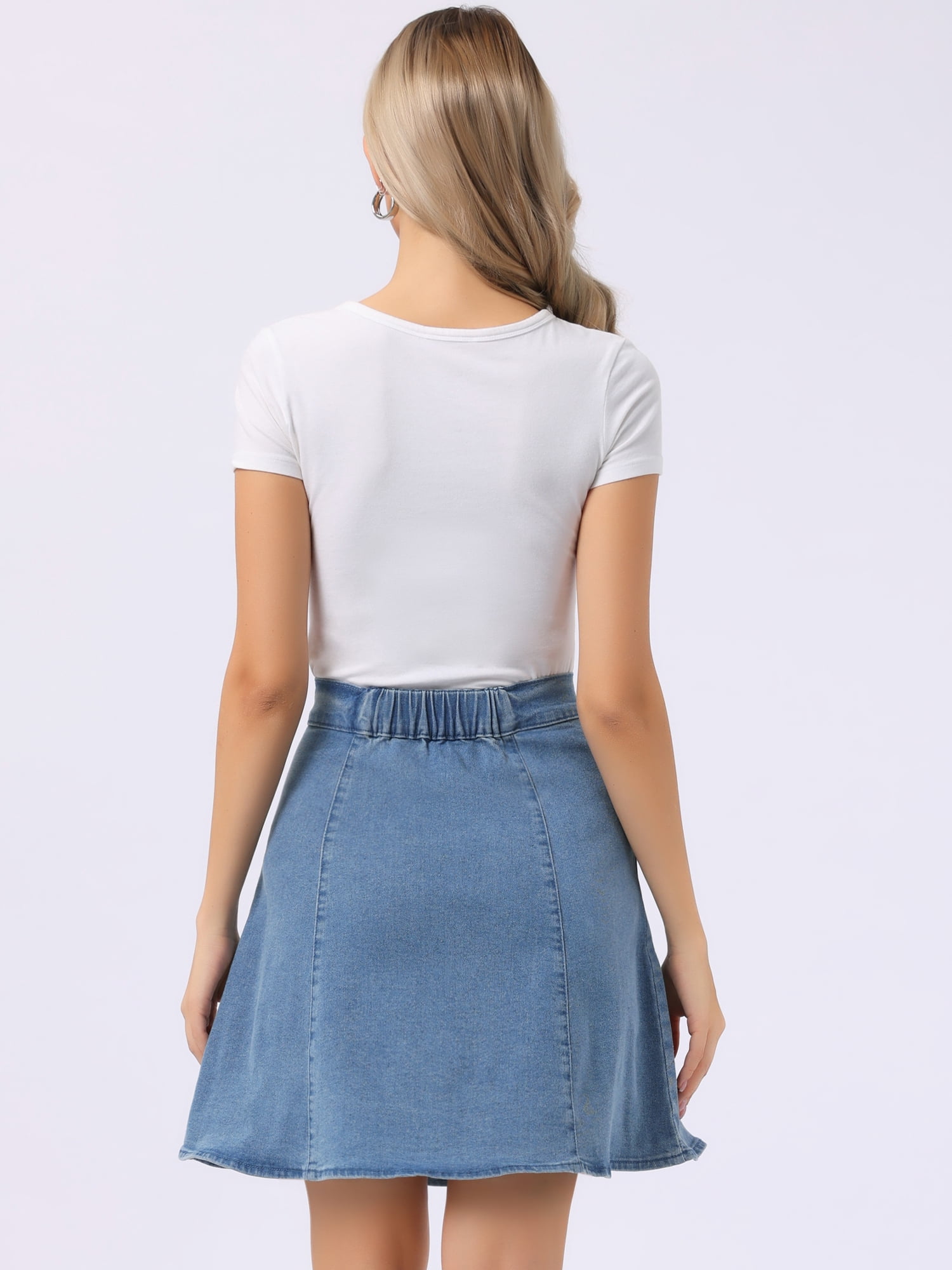 DARING DIVA Women's High Waist Stretch Knee Length Flared Jean Skirts S Blue