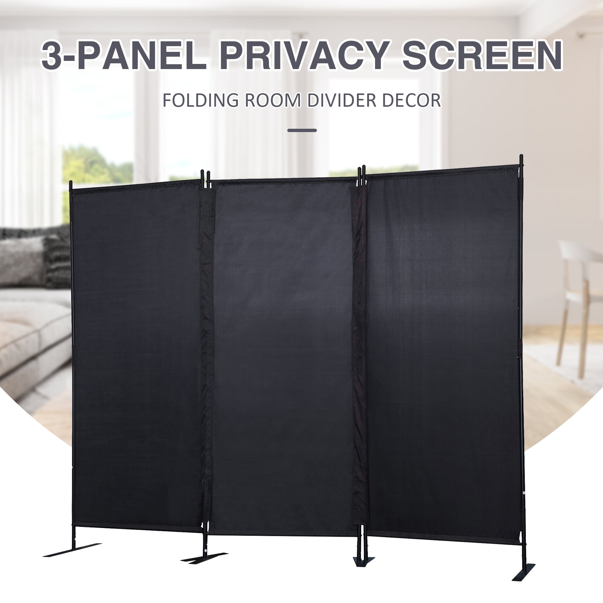 JAXPETY 6 Ft Modern Room Divider, Folding Privacy Screen with 3 Panels and Metal Standing, Portable Wall Partition for Home Office Separator, Black