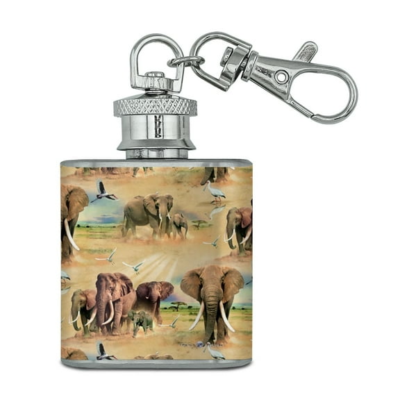 African Elephant Herd Pattern Stainless Steel 1oz Mini Flask Key Chain