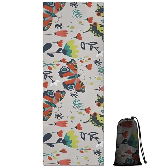 Gray Red Flower Butterfly Pattern Hot Yoga Mat Towel Non Slip for Hot Yoga - Quick-Drying Yoga Mat Cover with 4 Corner Pockets with Travel Bag - Hot Yoga Towel Non Slip 70"x26"