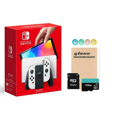 2021 New Nintendo Switch OLED Model White Joy Con 64GB Console Bundle With Screen Protector & 128GB SD Card
