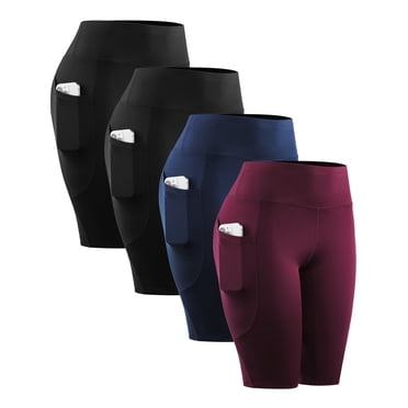 NELEUS Womens 4 Pack Workout Shorts 10" for Yoga Biker High Waist Compression Tummy Control with Pockets,2 Black Navy Blue Wine Red,US Size L