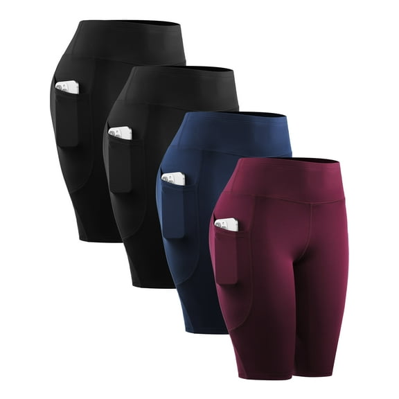 NELEUS Womens 4 Pack Workout Shorts 10" for Yoga Biker High Waist Compression Tummy Control with Pockets,2 Black Navy Blue Wine Red,US Size L