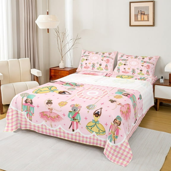 Homewish Kawaii Nutcracker 3pcs Twin Sheet Sets For Children Teens Adults,Happy Christmas Xmas Twin Fitted Sheet,Geometric Plaid Breathable Flat Sheet,Ballet Dance Room Decor