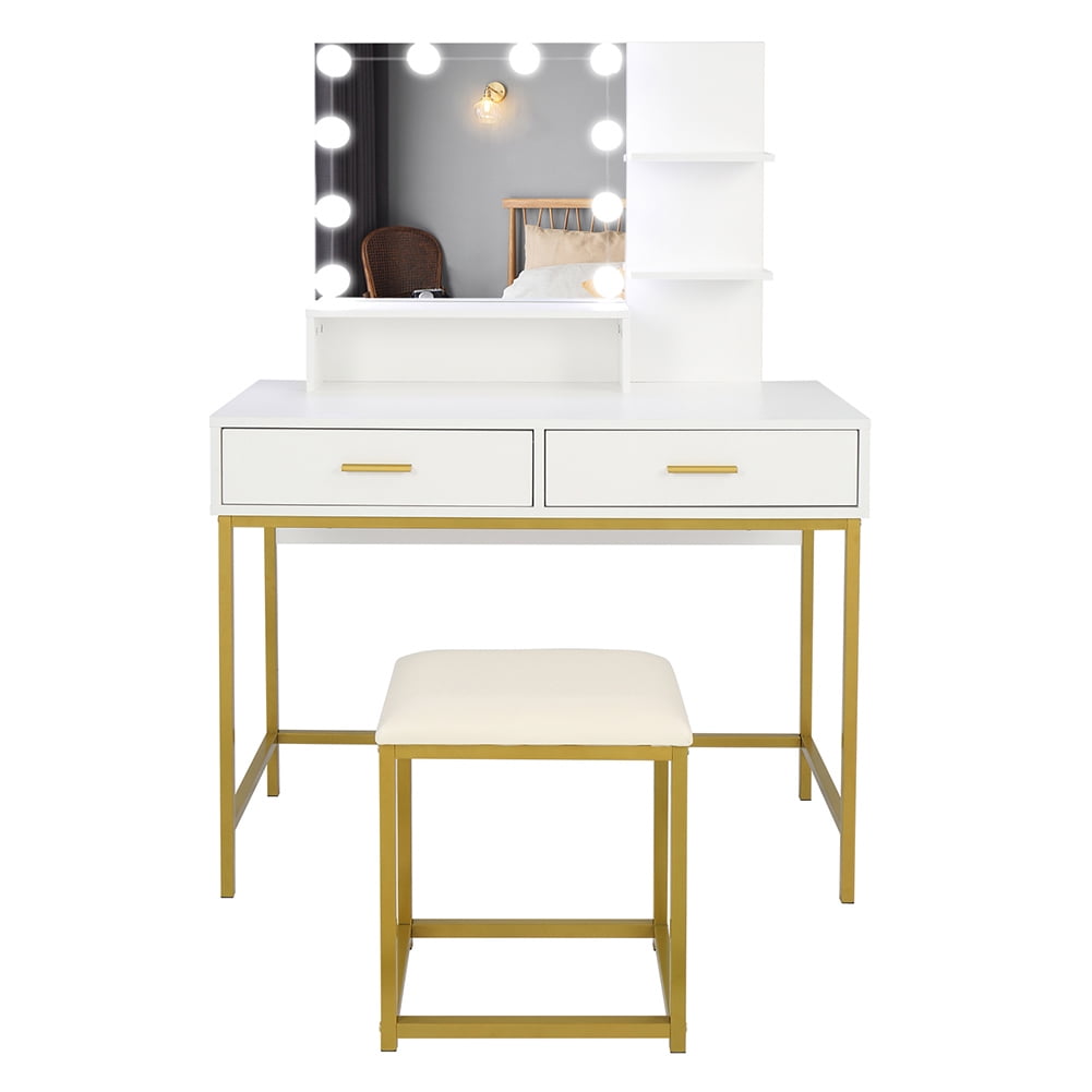 Kepooman Vanity Makeup Set, Upholstered Stool Vanity Set with 10 LED Bulbs, 3 Storage Shelves & 2 Drawers for Bedroom, White Kepooman Vanity Makeup Set, Upholstered Stool Vanity Set with 10 LED Bulbs, 3 Storage Shelves & 2 Drawers for Bedroom, White