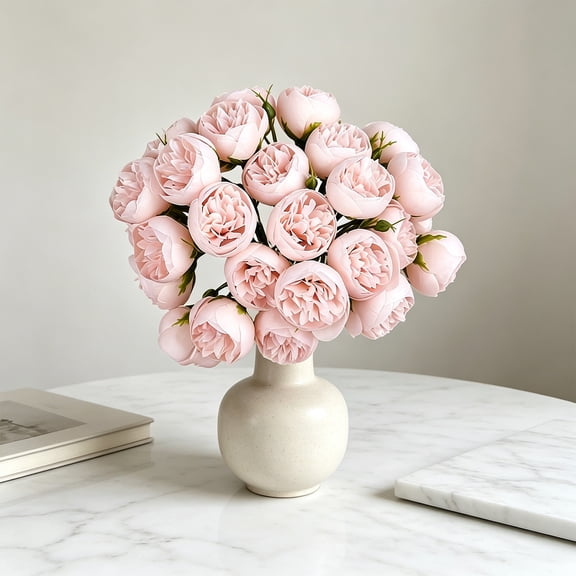 Artificial Peony Bouquet 27 Heads Faux Silk Flowers in Raffia Wrap Realistic Fake Peonies for Home Decor Vase Flowers for Living Room Table Centerpiece Wedding Farmhouse 1PCS