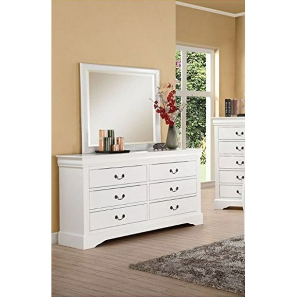Dressers, short for dressing table, have a larger footprint with drawers that are arranged horizontally, typically with two rows. louis philippe white 6 drawer dresser and mirror