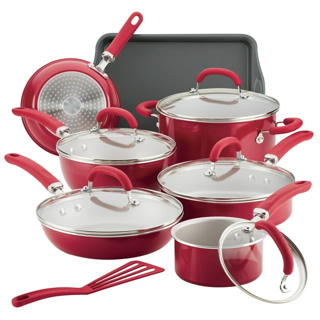 Rachael Ray Ensemble de 13 Pcs pour Créer de Délicieux Ustensiles de Cuisine en Aluminium Antiadhésifs, Rouge Scintillant