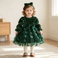 thumbnail image 2 of SUYIDA Girls Velvet Mesh Long Sleeve Dress, Ruffle Bow Sash with Matching Hairband, Elegant Holiday Party Wear for Kids, 2 of 6