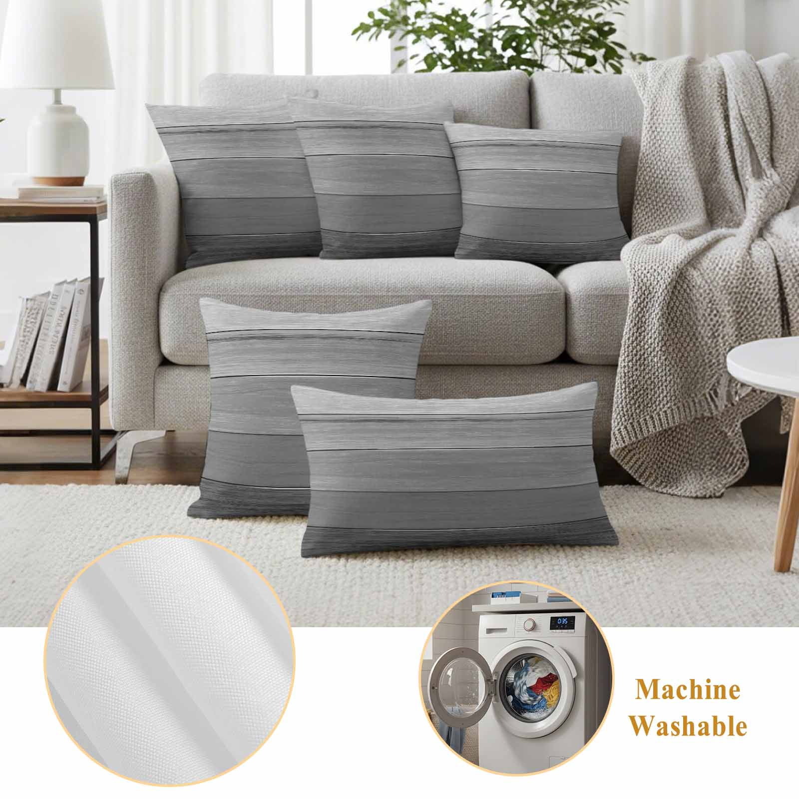 Grey Ombre Wooden Outdoor Waterproof Pillow Covers, Farmhouse Retro Gray Wood Gradient Decorative Square Throw Pillowcase Sofa Cushion Sham for Patio/Couch/Chair, 20"x20" 2 Pack