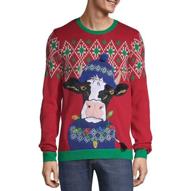 Holiday Time - Holiday Time Men's Light-Up Cow Ugly Christmas Sweater ...